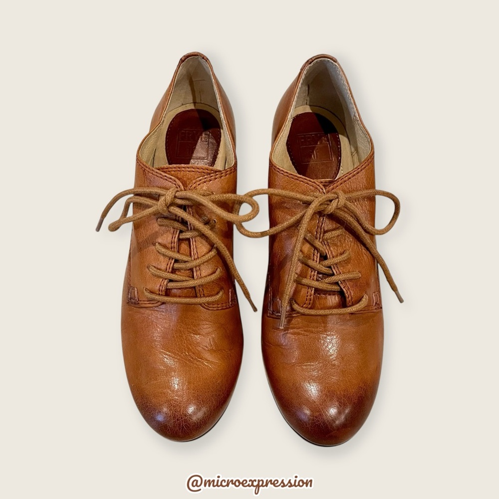 TAYLOR SWIFT Frye Carson Lace-Up Brown Cognac Leather Heeled Oxford Ankle Bootie - Picture 9 of 16